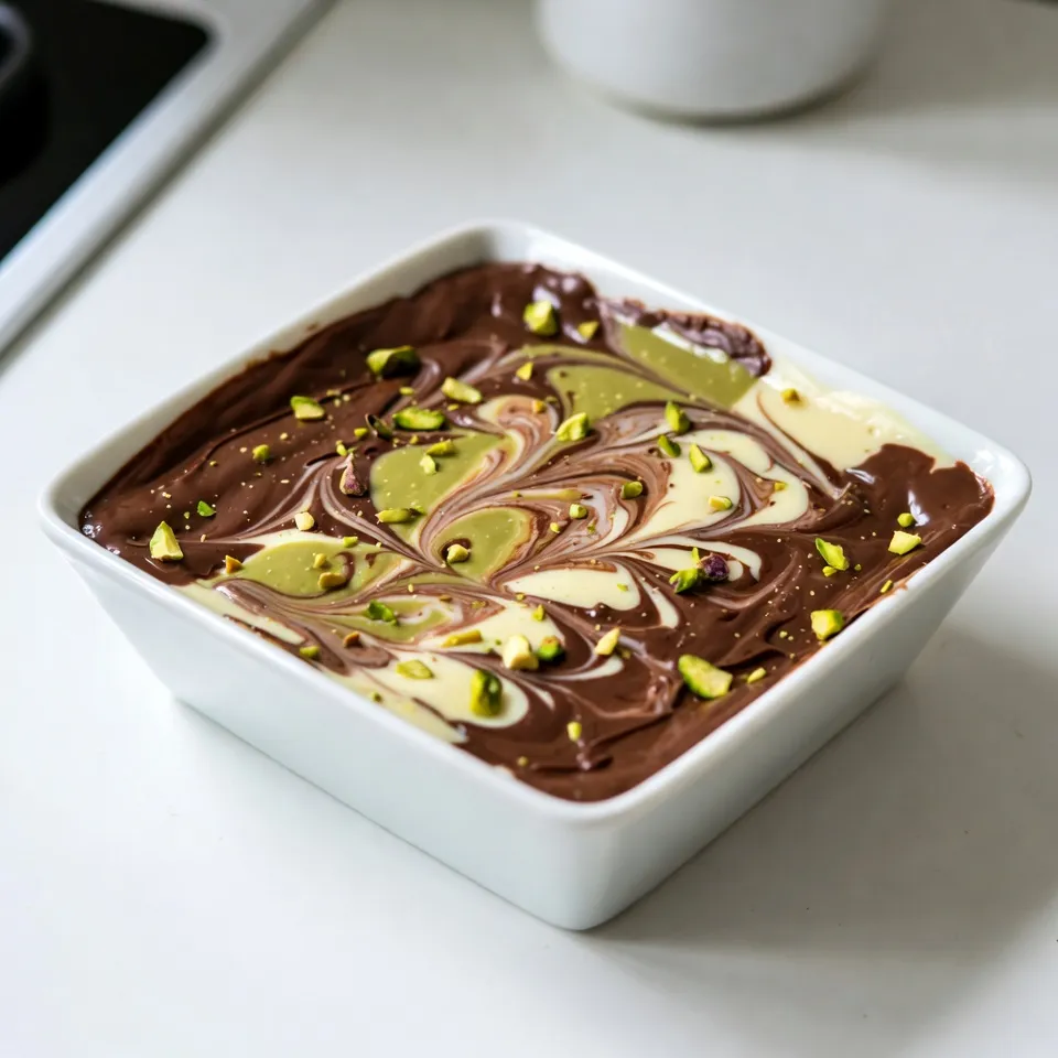 - 1 cup sweetened condensed milk - 2 cups semi-sweet chocolate chips - 1 cup white chocolate chips - 1 cup shelled pistachios, finely chopped - 1 teaspoon vanilla extract - 1/2 teaspoon sea salt - Green food coloring (optional) Gathering the right ingredients is key to making perfect Pistachio Swirl Fudge. Each item plays a vital role in flavor and texture. Sweetened condensed milk gives a creamy base. It adds sweetness and helps bind everything together. Semi-sweet chocolate chips bring rich chocolate flavor. They melt well and create a smooth layer. White chocolate chips add a nice contrast. Their sweetness balances the semi-sweet chocolate. Finely chopped shelled pistachios add crunch and a nutty taste. Vanilla extract enhances all the flavors. It gives a warm, inviting aroma. Sea salt is important, too. It heightens the sweetness and rounds out the taste. Finally, green food coloring is optional. It makes the fudge visually pop. You can skip it if you prefer a more natural look. Make sure you have everything ready before you start. This way, you can enjoy the fun of making this treat without any stress. {{ingredient_image_1}} First, take an 8x8 inch square baking dish. Line it with parchment paper. Leave some paper hanging over the edges. This will help you lift the fudge out later. Next, get a medium saucepan and set it on low heat. Combine the sweetened condensed milk and semi-sweet chocolate chips in the pan. Stir the mix constantly until all the chocolate melts. You want a smooth, shiny mixture. Remove it from heat and add vanilla extract and sea salt for flavor. Now, pour half of the chocolate mix into the baking dish. Spread it evenly with a spatula. In a separate bowl, melt the white chocolate chips, stirring constantly over low heat. If you want, add green food coloring for a fun twist. Once melted, pour the white chocolate over the semi-sweet layer. Spread it out evenly. Next, take the remaining semi-sweet fudge. Gently fold in the finely chopped pistachios. Spoon this mix in dollops on top of the white chocolate layer. Use a knife or spatula to swirl the two layers together. You want a nice marbled look. Cover the dish with plastic wrap and put it in the fridge for at least four hours. When firm, lift the fudge out using the parchment overhang. Cut it into squares and enjoy! To make smooth fudge, start with low heat. This helps chocolate melt evenly. Stir the mixture often to avoid burning. Once the chocolate is smooth, mix in the vanilla and sea salt. This step adds great flavor. When you fold in the pistachios, do it gently. This keeps the fudge creamy and prevents it from becoming tough. A light touch helps create a lovely swirl. You can use food coloring to change the look of your fudge. Try different shades of green for fun. If you want to add flavor, consider using mint extract or almond extract. These flavors mix well with pistachios. You can also try mixing in a hint of orange or lemon zest. This will add a fresh twist. For a great presentation, cut the fudge into neat squares. Place them on a colorful plate. You can also stack them for a fun display. Pair your fudge with a hot drink like coffee or tea. It also goes well with ice cream for dessert. If you want a snack, serve it with fresh fruit or nuts. These combinations make your dessert even more enjoyable. Pro Tips Use High-Quality Chocolate: The flavor of your fudge is largely dependent on the chocolate you use. Opt for high-quality semi-sweet and white chocolate chips for the best results. Chop Pistachios Finely: Finely chopping the pistachios allows them to distribute evenly throughout the fudge, enhancing both texture and flavor in every bite. Control the Swirl: When swirling the layers, use a gentle hand to avoid completely mixing the layers. This will give you a beautiful marbled effect. Let it Set Properly: Make sure to refrigerate the fudge for at least 4 hours to ensure it firms up completely before cutting into squares. {{image_2}} You can swap pistachios for other nuts. Try walnuts, almonds, or cashews. You can also use seeds like sunflower or pumpkin seeds. These options add different tastes and textures. If you need gluten-free choices, nuts and seeds are great. They fit well into many diets and offer crunch. Want to mix it up? Add different extracts or spices. Almond or hazelnut extracts can give unique twists. You can also try spices like cinnamon for warmth. Changing chocolate types offers more options too. Use dark chocolate for a rich taste, or milk chocolate for sweetness. Each choice makes your fudge special. If you want a vegan version, replace sweetened condensed milk with coconut milk. Use dairy-free chocolate chips to keep it vegan. For sugar-free options, look for sugar-free chocolate and sweeteners. These swaps make the fudge fit a variety of diets while still tasting great. - Use an airtight container. This keeps the fudge fresh and moist. - Line the container with parchment paper. This helps with easy removal. - Store fudge at room temperature. A cool, dry place works best. - In the fridge, the fudge lasts about two weeks. Make sure it is sealed well. - To freeze, wrap the fudge in plastic wrap. Then, place it in a freezer bag. It can last up to three months. - To soften fudge, place it in the microwave for 10 seconds. Check it often. - Avoid overheating. This can change the fudge's smooth texture. If it becomes too warm, let it cool before enjoying. Pistachio Swirl Fudge can last up to two weeks in the fridge. To store, wrap it tightly in plastic wrap or place it in an airtight container. Keep the fudge away from strong-smelling foods. For longer storage, you can freeze it for up to three months. Just make sure to cut it into squares before freezing. This makes it easy to grab a piece whenever you want a tasty treat. Yes, you can use different types of chocolate! Dark chocolate adds a richer taste. Milk chocolate gives a sweeter flavor. If you want a fun twist, try using flavored chocolates like orange or mint. Just remember, different chocolates may change the fudge's texture and sweetness. Experiment with what you like best! If your fudge isn’t setting, it may need more time in the fridge. Sometimes, it can be too warm when you pour it in. If it still won’t set, try melting it again and adding a bit more chocolate. This can help it thicken. Make sure to stir well and cool it down before putting it back in the fridge. Yes, this recipe is perfect for beginners! It uses simple steps and easy ingredients. Melting chocolate and swirling flavors is a fun way to start cooking. If you follow the steps carefully, you will get great results. Don’t worry if it’s not perfect. The taste will still be amazing, and practice makes perfect! In this blog post, we explored how to make delicious Pistachio Swirl Fudge. You learned the key ingredients, from sweetened condensed milk to sea salt. We covered every step, from preparing your baking dish to layering the fudge. You picked up tips on achieving the right texture and colorful variations. Making this fudge is simple and fun. Whether you enjoy it yourself or share it with others, it's sure to impress. With the right techniques and some creativity, your fudge will be a hit at any gathering. Happy baking!