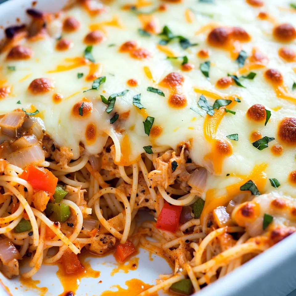 To make this tasty chicken spaghetti casserole, you need the following: - 2 cups cooked spaghetti, drained - 2 cups cooked chicken, shredded or diced - 1 cup marinara sauce - 1 cup cream of mushroom soup - 1 cup shredded mozzarella cheese - 1 cup shredded cheddar cheese - 1/2 cup grated Parmesan cheese - 1/2 cup diced bell peppers (red and green) - 1/2 cup diced onion - 2 cloves garlic, minced - 1 teaspoon Italian seasoning - Salt and pepper to taste - 2 tablespoons olive oil These ingredients come together to create a warm and filling dish that everyone will love. You can change up the recipe based on what you like. Here are some ideas: - Use rotisserie chicken for quick prep. - Swap marinara sauce for alfredo or pesto for a twist. - Add cooked broccoli or spinach for extra veggies. - Substitute cream of mushroom soup with cream of chicken soup. - Try different pasta shapes, like penne or fusilli. These options can help you make the dish your own! Cheese adds flavor and creaminess to your casserole. I recommend these: - Mozzarella for stretchiness and mild taste. - Cheddar for a sharp, rich flavor. - Parmesan for a salty kick. - Fontina for a creamy texture. - Gouda for a smoky flavor. Feel free to mix and match these cheeses based on your taste. {{ingredient_image_1}} First, gather your fresh veggies. You will need bell peppers, onion, and garlic. Start by dicing 1/2 cup of bell peppers. Use both red and green for color. Next, chop 1/2 cup of onion. Finally, mince 2 cloves of garlic. Heat 2 tablespoons of olive oil in a large skillet over medium heat. Add the diced onion and bell peppers. Sauté for about 5-7 minutes until the onion turns clear. Then, add the minced garlic and cook for another minute. This mix adds great flavor to your casserole. Now it’s time to mix the main ingredients. In a large bowl, combine 2 cups of cooked spaghetti and 2 cups of cooked chicken. You can shred or dice the chicken. Add the sautéed veggies to the bowl. Next, pour in 1 cup of marinara sauce and 1 cup of cream of mushroom soup. Sprinkle in 1 teaspoon of Italian seasoning, salt, and pepper to taste. Stir well to coat everything. This step ensures that every bite is full of flavor. Don’t forget the cheese! Add 1/2 cup of shredded mozzarella and 1/2 cup of shredded cheddar. Mix it all together until combined. Now, let's put it all together. Grease a 9x13 inch casserole dish. Pour the spaghetti mixture into the dish, spreading it out evenly. Next, top it with the remaining cheese. Sprinkle the rest of the mozzarella, cheddar, and 1/2 cup of grated Parmesan cheese on top. This will give it a nice, cheesy crust. Cover the dish with aluminum foil and place it in your preheated oven at 350°F (175°C). Bake for 25 minutes. Then, remove the foil and bake for another 15-20 minutes. You want it to be bubbly and golden on top. Let it cool for about 5 minutes before serving. Enjoy your tasty Chicken Spaghetti Casserole! To get the best texture in your casserole, follow these steps: - Cook your spaghetti al dente. This means it should be firm to the bite. It will soften more while baking. - Sauté the veggies. Cooking the onions and peppers first adds flavor and prevents sogginess. - Don’t overmix. Stir gently when combining your ingredients. This keeps the strands of spaghetti intact. When serving your Chicken Spaghetti Casserole, consider these ideas: - Garnish with fresh herbs. Basil or parsley adds color and freshness. - Pair with a salad. A crisp green salad complements the rich flavors of the casserole. - Serve with crusty bread. This is perfect for scooping up the cheesy goodness. Avoid these common pitfalls when making your casserole: - Using too much sauce. Too much liquid can make it soggy. Stick to the amounts listed. - Skipping the resting time. Letting it sit for five minutes helps it set up nicely. - Not greasing the dish. A well-greased dish ensures easy removal and prevents sticking. Pro Tips Use Leftover Chicken: This recipe is perfect for using up leftover rotisserie chicken, making it a quick and easy meal solution. Cheese Variations: Feel free to experiment with different types of cheese like gouda or pepper jack for a unique flavor twist. Add Vegetables: Include more veggies such as spinach, mushrooms, or zucchini to enhance nutrition and flavor. Make Ahead: Prepare the casserole ahead of time and store it in the fridge for up to 24 hours before baking for a convenient meal. {{image_2}} You can easily make this dish without chicken. Just swap out the chicken for your favorite veggies. Try using mushrooms, zucchini, or lentils for protein. This way, you keep the hearty feel while making it meat-free. You can also use tofu for extra protein. The flavors will still shine with the right spices and cheese. While marinara is classic, you can try other sauces. Alfredo sauce adds creaminess that pairs well with the cheeses. A spicy arrabbiata sauce can kick up the heat if you like that. Mixing sauces can also create fun new flavors. Don’t forget to taste as you go to find your favorite mix. Feel free to add more veggies for color and nutrition. Spinach, broccoli, or peas work great in this dish. You can also spice it up! Adding chili flakes or smoked paprika can enhance the taste. Fresh herbs like basil or parsley can add freshness. Be creative, and make it your own! To keep your Chicken Spaghetti Casserole fresh, let it cool first. Once it's at room temperature, cover it tightly with plastic wrap or aluminum foil. You can also use an airtight container. Store it in the fridge. It will stay good for about 3 to 4 days. When you're ready to eat, preheat your oven to 350°F (175°C). Place the casserole in an oven-safe dish. Cover it with foil to keep it moist. Heat for about 20 to 25 minutes. Check to see if it's hot all the way through. You can also microwave it. Use a microwave-safe plate and heat in short bursts. Stir between each burst to make sure it warms evenly. If you want to save some for later, freezing is a great option. First, let the casserole cool completely. Cut it into portions for easy thawing. Wrap each piece tightly in plastic wrap, then in aluminum foil. You can also store it in a freezer-safe container. It will stay good for up to 3 months in the freezer. To reheat, thaw it in the fridge overnight. Then follow the reheating instructions above. Yes, you can make Chicken Spaghetti Casserole ahead of time. Just prepare the dish, but do not bake it. Cover it well with plastic wrap or foil. Store it in the fridge for up to 24 hours. When you're ready to bake, just add about 10 extra minutes to the baking time. If you need a substitute for cream of mushroom soup, try using cream of chicken soup or a homemade white sauce. You can also use a can of diced tomatoes and some heavy cream for a different flavor. Just mix in some mushrooms if you want that taste back. To make Chicken Spaghetti Casserole gluten-free, choose gluten-free pasta. You can find it in many stores. Also, check the labels on your sauces. Make sure they are gluten-free. You can also make your own cream of mushroom soup to control the ingredients. In this blog post, we explored the key ingredients and steps for making Chicken Spaghetti Casserole. I shared tips for perfect texture and common mistakes to avoid. You can even try variations for different diets. Remember, storing leftovers properly helps you enjoy this dish later. With these easy steps and suggestions, you can make a delicious meal that everyone will love. Happy cooking, and enjoy your casserole!