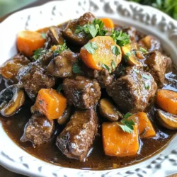 - 2 pounds beef chuck, cut into 2-inch cubes - 4 tablespoons olive oil, divided - 4 large carrots, sliced - 2 large onions, diced - 4 cloves garlic, minced - 2 cups beef broth (low sodium) - 2 cups mushrooms, quartered - 2 tablespoons tomato paste - 2 teaspoons dried thyme - 2 bay leaves - 1 tablespoon Worcestershire sauce - Salt and black pepper, to taste The heart of my Beef Bourguignon lies in the beef. I use chuck for its rich flavor. I cut it into 2-inch cubes to ensure even cooking. Next, I add fresh vegetables. Carrots, onions, and garlic bring sweetness and depth. Mushrooms add an earthy taste that balances the dish. - 2 cups beef broth (low sodium) - 2 tablespoons tomato paste - 2 teaspoons dried thyme - 2 bay leaves - 1 tablespoon Worcestershire sauce For a savory base, I use low-sodium beef broth. It keeps the dish rich without being too salty. Tomato paste thickens the sauce and adds tang. Thyme gives a warm, herbal note. Bay leaves infuse a subtle flavor that rounds it all out. Worcestershire sauce adds umami, making each bite savory and delicious. - Fresh parsley - Serving suggestions: crusty bread, creamy mashed potatoes To finish the dish, I love a sprinkle of fresh parsley. It adds a pop of color and a hint of freshness. For serving, crusty bread or creamy mashed potatoes soak up the rich sauce. These sides make the meal hearty and satisfying. {{ingredient_image_1}} First, you want to sear the beef cubes. Heat 2 tablespoons of olive oil in a large skillet over medium-high heat. Season the beef cubes with salt and black pepper. Sear the beef in batches until it is brown on all sides. This should take about 5 to 7 minutes per batch. Once browned, transfer the beef to the slow cooker. Next, we need to sauté the vegetables. In the same skillet, add the remaining 2 tablespoons of olive oil. Heat it up, then add the diced onions and sliced carrots. Cook until the onions are soft and clear, about 5 minutes. After that, add the minced garlic and stir for another minute. This step helps bring out great flavors. Now, it's time to mix everything in the slow cooker. Add the sautéed onions and carrots to the browned beef. Pour in the beef broth along with the quartered mushrooms, tomato paste, dried thyme, and bay leaves. Add Worcestershire sauce, then season with salt and pepper to taste. Stir gently to combine all the ingredients well. Cover the slow cooker and set it to cook on low for 7 to 8 hours or on high for 4 to 5 hours. The beef should become tender, and the flavors will blend beautifully. Remember to remove the bay leaves before serving. Searing the beef is key to building flavor. Browning the meat gives it a rich, deep taste. Make sure to season the beef well with salt and pepper before searing. This adds flavor and helps create a nice crust. Use a hot skillet with oil to get a good sear. Do this in batches to avoid steaming the meat. You can choose low or high heat for cooking. Low heat takes longer but gives the best result. High heat cooks faster but might not be as tender. Check for doneness by testing the meat with a fork. It should fall apart easily when done. Adding wine can take this dish to the next level. A good red wine adds depth and complexity. You can also try adding fresh herbs for more flavor. Adjust the seasoning to your taste, adding more salt or pepper as needed. This helps to balance all the flavors in the dish. Pro Tips Choose the Right Cut: For the best flavor and tenderness, use beef chuck. This cut becomes incredibly tender during slow cooking and absorbs flavors beautifully. Don’t Skip the Browning: Searing the beef before adding it to the slow cooker creates a rich, deep flavor. Make sure to brown in batches to avoid steaming. Add Depth with Red Wine: For an authentic Bourguignon, consider adding a cup of red wine to the slow cooker. It enhances the overall flavor profile significantly. Let it Rest: After cooking, allow the Beef Bourguignon to rest for about 10-15 minutes before serving. This helps the flavors meld together even more. {{image_2}} You can change the meat for your Beef Bourguignon. Instead of beef chuck, try these cuts: - Brisket - Round - Skirt steak Each cut brings its own flavor and tenderness. You can also use other proteins. For example: - Pork shoulder - Lamb shanks - Chicken thighs Each option will give a new twist to this classic dish. If you want a vegetarian version, you can use mushrooms and beans. Replace the beef with: - 2 cups of quartered mushrooms - 1 can of white beans, drained Mushrooms add a rich umami flavor. Beans provide protein and texture. Adjust the broth too. Use vegetable broth instead of beef broth. This change keeps the dish hearty and filling. Different regions have unique twists on Beef Bourguignon. You can explore these flavor profiles: - Add red wine for a classic French touch. - Use smoked paprika for a hint of smokiness. You can also incorporate different spices. Try: - Rosemary for a fragrant twist. - Cumin to add warmth. Experimenting with flavors can make your dish special and fun. To keep your Beef Bourguignon fresh, let it cool first. Transfer it to an airtight container. Store the dish in the fridge. It stays good for about 3 to 4 days. Always label your container with the date. This helps you track its freshness. To freeze your Beef Bourguignon, let it cool completely. Pour it into a freezer-safe container or a heavy-duty freezer bag. Squeeze out any air to prevent freezer burn. It can last up to 3 months in the freezer. When you are ready to eat, thaw it in the fridge overnight. To reheat, you can use a slow cooker or stovetop. If using the stovetop, heat on low to avoid burning. Stir often to keep it from sticking. If you use the slow cooker, set it on low for about 1 to 2 hours. This way, you keep all the great flavors intact. Enjoy your hearty dish! - Recommended side dishes: I love serving Beef Bourguignon with crusty bread or creamy mashed potatoes. Both add comfort and soak up the rich sauce. You can also try green beans or a fresh salad for a nice crunch. - Wine pairing suggestions: A good red wine works best. Try Pinot Noir or Merlot. These wines match the flavors of the dish and enhance your meal experience. - Preparing ahead of time: Yes, you can make it a day ahead. Cook it fully and let it cool before storing. This way, the flavors deepen overnight. - Storage tips: Store in an airtight container in the fridge. It lasts up to three days. Just reheat on the stove or in a microwave when ready to serve. - Using different broth or wine: Try using a beef broth with more flavor or a bold red wine. This adds depth and richness to the dish. - Tips for intensifying flavors: Add more herbs like rosemary or thyme. You can also use a bit of dark chocolate for a surprising twist. Just a small amount can elevate the taste without being sweet. In this article, we explored the key elements of making Beef Bourguignon. We discussed the main ingredients, the step-by-step cooking process, and important tips to enhance flavor. You learned about variations, storage methods, and some frequently asked questions. Beef Bourguignon is a versatile dish that can fit many tastes. With a few simple changes, you can make it your own. Enjoy cooking, and remember to have fun while experimenting in the kitchen!