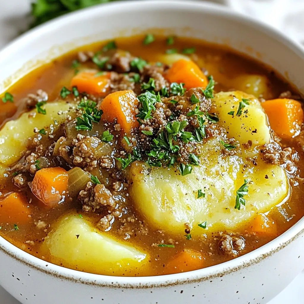 To make a great Shepherd's Pie Soup, you need some key ingredients. Here’s what I use: - 1 lb ground beef or lamb - 1 medium onion, diced - 2 garlic cloves, minced - 2 carrots, diced - 2 celery stalks, diced - 1 cup frozen peas - 4 cups beef broth - 2 medium potatoes, peeled and diced - 2 tablespoons tomato paste - 1 teaspoon Worcestershire sauce (optional) - 1 teaspoon dried thyme - 1 teaspoon dried rosemary - Salt and pepper to taste - 2 tablespoons olive oil - Fresh parsley, chopped (for garnish) These ingredients create a warm and hearty soup that brings comfort to any table. You can boost the flavor with a few extra ingredients. Here are some options: - A splash of red wine for depth - A bay leaf for an aromatic touch - Fresh herbs like thyme or parsley for brightness - A pinch of chili flakes for heat These additions can enhance the soup’s taste and make it unique to your liking. You can easily swap out some ingredients based on your needs. If you're looking for alternatives, consider these: - Use ground turkey or chicken instead of beef or lamb for a lighter option. - For a vegetarian soup, replace meat with lentils or mushrooms. - If you need gluten-free, ensure the broth and sauces are certified gluten-free. - Use vegetable broth for a vegan option. These substitutions allow everyone to enjoy this delightful soup, no matter their dietary needs. {{ingredient_image_1}} Start by heating 2 tablespoons of olive oil in a large pot over medium heat. Once the oil is hot, add 1 medium diced onion. Sauté the onion for about 3 to 4 minutes until it turns translucent. This step builds the flavor base of your soup. Next, stir in 2 minced garlic cloves, 2 diced carrots, and 2 diced celery stalks. Cook these for another 5 minutes. You want the veggies to soften but not brown. Now it's time to add the meat. Add 1 pound of ground beef or lamb to the pot. Use a spoon to break it apart. Cook until the meat is browned and no longer pink. This should take about 5 to 7 minutes. Drain any excess fat if needed. Then, add 2 diced potatoes and 2 tablespoons of tomato paste. If you like, mix in 1 teaspoon of Worcestershire sauce. Sprinkle in 1 teaspoon of dried thyme and 1 teaspoon of dried rosemary. Season with salt and pepper to your taste. Pour in 4 cups of beef broth and bring everything to a boil. Once boiling, lower the heat to let it simmer. Simmer for about 20 minutes. This is when the potatoes cook and absorb all those flavors. After 20 minutes, check if the potatoes are tender. If they are, add 1 cup of frozen peas. Stir them in and cook for another 5 minutes. Taste the soup before serving. You can add more salt and pepper if needed. A dash more of Worcestershire sauce can enhance the flavor too. Don't forget to garnish with freshly chopped parsley before you serve. Enjoy this warm and comforting dish! To make your Shepherd's Pie Soup creamy, try adding a splash of milk or cream. This small step gives a rich texture that feels warm and cozy. You can also blend a portion of the soup. Use an immersion blender to puree part of the soup. This makes it thicker without needing extra cream. Meal prep is simple for this soup. Chop your veggies ahead of time. Store them in the fridge to save time on busy days. You can also brown the meat and keep it in the fridge. This way, you cut down your cooking time to just a few minutes. To boost the flavor of your soup, try adding fresh herbs. Thyme and rosemary work great, but fresh parsley adds brightness too. For a tangy twist, a splash of lemon juice can do wonders. You can also sprinkle in some cheese on top before serving for extra flavor. Pro Tips Choose the Right Meat: Use ground lamb for a more traditional flavor, or ground beef for a richer taste. Both options work well in this hearty soup. Customize Your Vegetables: Feel free to add or substitute other vegetables like corn or green beans for added texture and flavor. Make it Ahead: This soup can be made ahead of time and stored in the fridge for up to three days. It also freezes well for up to three months. Adjust the Thickness: If you prefer a thicker soup, you can mash some of the potatoes before adding the peas, or add a cornstarch slurry to achieve your desired consistency. {{image_2}} You can make a vegetarian or vegan version of Shepherd's Pie Soup. Instead of meat, use lentils or mushrooms for a hearty base. Lentils add great protein and texture. Use vegetable broth instead of beef broth to keep it plant-based. For creaminess, add coconut milk or cashew cream. This way, you still get that rich flavor without meat. To make this soup gluten-free, just swap the Worcestershire sauce for a gluten-free version. Most brands offer great options. Always check labels to be sure. You can also use cornstarch to thicken the soup if needed. This keeps the soup thick and satisfying without any gluten. If you like heat, add some spice! You can mix in red pepper flakes or diced jalapeños. Another idea is to include hot sauce right before serving. These options give the soup a nice kick. Adjust the spice level to your taste. You want to enjoy the warmth without overwhelming your palate. To store leftover soup, let it cool first. Once cool, pour it into airtight containers. Make sure to leave some space at the top since soup expands when frozen. Label the containers with the date. This way, you can keep track of how long it has been stored. Place the containers in the fridge. Leftover soup will last about three to four days. Freezing this soup is easy. Just follow the same steps as storing it in the fridge. Use freezer-safe containers or bags. Squeeze out as much air as you can from the bags. This helps prevent freezer burn. You can freeze Shepherd's Pie Soup for up to three months. When you're ready to enjoy it, simply thaw it in the fridge overnight. Reheating is simple and quick. You can use a pot on the stove or the microwave. If using a pot, heat over medium heat. Stir often until it warms through. If using a microwave, place the soup in a microwave-safe bowl. Heat in short bursts, stirring in between. This ensures even warming. Always check the soup's temperature before serving. It should be steaming hot. Shepherd's Pie Soup is a warm and cozy dish. It combines the flavors of classic shepherd's pie in soup form. You get ground meat, veggies, and potatoes all in one bowl. This dish is rich and filling, perfect for chilly days. It uses beef or lamb, along with onions, carrots, and peas. The broth makes it hearty, while the herbs give it great flavor. You can enjoy it with crusty bread for a complete meal. Yes, you can make Shepherd's Pie Soup in a slow cooker. Just follow these steps: - Brown the meat in a pan first. - Add the cooked meat and all other ingredients to the slow cooker. - Set it on low for 6-7 hours or high for 3-4 hours. The slow cooker makes the flavors blend well, and it’s easy to set and forget. Shepherd's Pie Soup lasts about 3 to 4 days in the fridge. Store it in an airtight container. Make sure to let it cool first before sealing it up. If you want to keep it longer, consider freezing it. It can last up to 3 months in the freezer. Just remember to thaw it in the fridge before reheating. Shepherd's Pie Soup is a warm, tasty treat. We covered key ingredients and cooking steps. You learned tips for creaminess and meal prep. Exploring variations lets you adapt to any diet. Storing leftovers properly helps you enjoy this soup later. In conclusion, this dish is versatile and easy to make. Enjoy experimenting and find your favorite version!