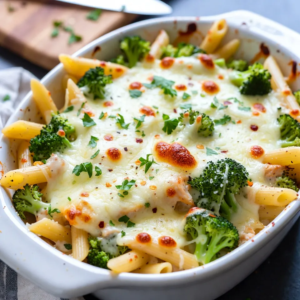 Here’s what you need for a savory chicken broccoli pasta bake: - 2 cups pasta (penne or rotini) - 2 cups cooked chicken, shredded - 2 cups broccoli florets (fresh or frozen) - 1 cup cream cheese, softened - 1 cup shredded mozzarella cheese - ½ cup grated Parmesan cheese - 1 cup chicken broth - 1 teaspoon garlic powder - 1 teaspoon onion powder - Salt and pepper to taste - 1 tablespoon olive oil - ½ teaspoon red pepper flakes (optional) Each ingredient plays a key role in making this dish creamy and packed with flavor. The pasta gives it substance, while the chicken adds protein. Broccoli not only brings color but also nutrition. Cream cheese creates a rich base, and the cheeses on top melt beautifully. Seasonings like garlic and onion powder enhance the taste, while red pepper flakes add a hint of heat if you like it spicy. Remember, using high-quality ingredients makes a big difference! {{ingredient_image_1}} 1. Preheat your oven to 375°F (190°C). Grease a 9x13-inch baking dish with olive oil. This helps prevent sticking. 2. Cook 2 cups of pasta according to the package instructions. Aim for al dente, which means firm but not hard. Once done, drain and set aside. 3. Steam or blanch 2 cups of broccoli florets in boiling water for about 3 minutes. You want them bright green and just tender. Drain and set aside. 1. In a large mixing bowl, take 1 cup of softened cream cheese. Use a hand mixer to blend in 1 cup of chicken broth, 1 teaspoon of garlic powder, 1 teaspoon of onion powder, salt, and pepper. Mix until smooth. 2. Add 2 cups of shredded chicken, the cooked pasta, and the steamed broccoli to the cream cheese blend. Mix until everything is combined. 3. Stir in half of the shredded mozzarella and Parmesan cheeses. This will give your dish a creamy texture. 1. Transfer the chicken, broccoli, and pasta mixture into your greased baking dish. Spread it out evenly. 2. Top with the remaining mozzarella and Parmesan cheese. If you like some heat, sprinkle ½ teaspoon of red pepper flakes on top. 3. Bake in your preheated oven for 25 to 30 minutes. Look for bubbling cheese and a slightly golden top. 4. Once done, remove from the oven. Let it cool for a few minutes before serving. Enjoy your savory delight! - Achieving the right pasta texture: Cook your pasta until it is al dente. This means it should be firm to the bite. Cooking it this way helps it hold up during baking. You do not want mushy pasta in your bake. - Ensuring even cooking of broccoli: Steam or blanch the broccoli for just a few minutes. This keeps it bright green and tender but not overcooked. If you cook it too long, it can turn mushy. Aim for three minutes in boiling water. - Garnish ideas for presentation: After baking, top the dish with fresh parsley or basil. This adds color and a fresh taste. You can also sprinkle extra grated cheese on top for a cheesy touch. - Accompaniments to serve alongside: Serve this bake with a crisp green salad or some garlic bread. Both pair well and add to the meal. You can also offer extra cheese on the side for those who want more. Pro Tips Use Leftover Chicken: This recipe is a great way to use up leftover rotisserie chicken or any cooked chicken you have on hand, making it even quicker to prepare. Customize Your Veggies: Feel free to add other vegetables like bell peppers, spinach, or carrots to the mix for added nutrition and flavor. Cheese Variations: Experiment with different cheese combinations, such as cheddar or gouda, for a unique twist on the flavor profile. Make-Ahead Option: Prepare the pasta bake ahead of time, cover it tightly, and store it in the fridge for up to 24 hours before baking. Just add a few extra minutes to the baking time. {{image_2}} You can switch up the main protein in this dish. Instead of chicken, use turkey or cooked sausage. You can even try tofu or chickpeas for a tasty vegetarian option. If you need dairy-free options, use vegan cream cheese and cheese substitutes. Look for gluten-free pasta to make this dish gluten-free. This way, everyone can enjoy the pasta bake. Add a burst of color and taste by mixing in other veggies. Spinach, bell peppers, or zucchini can make this dish even better. Just chop them small and add them when mixing. To spice things up, sprinkle in extra seasonings. Try Italian herbs like basil or oregano. A dash of paprika can add warmth. Don't forget about garlic! A bit of minced garlic boosts the flavor, too. Store your Chicken Broccoli Pasta Bake in the fridge. Use an airtight container for best results. It will stay fresh for up to three days. If you want to keep it longer, freezing is a great option. Divide the bake into portions and wrap each tightly in plastic wrap. Then, place them in a freezer-safe container. This way, it can last up to three months in the freezer. To reheat the pasta bake, use the oven for the best texture. Preheat your oven to 350°F (175°C). Place the pasta bake in an oven-safe dish. Cover it with foil to keep it moist. Heat for about 20 minutes, or until it is hot throughout. You can also use a microwave. Just heat in short bursts, stirring in between. This method is quicker but may not keep the texture as nice. Can I use raw chicken? You should not use raw chicken in this recipe. Raw chicken needs to cook longer. Cooked chicken ensures a safe and tasty dish. Shredded or diced rotisserie chicken works great. How long can leftovers stay good? Leftovers can stay good for about three to four days. Store them in an airtight container in the fridge. If you want to keep it longer, freeze the dish. It can last up to three months in the freezer. Can I make this dish ahead of time? Yes, you can make this dish ahead of time. Prepare the pasta bake, then cover it and store it in the fridge. Bake it when you're ready to serve. This way, you save time and enjoy a warm meal later! This blog post shared a tasty recipe for Chicken Broccoli Pasta Bake. We went over the key ingredients and step-by-step instructions. I offered helpful tips for cooking and serving. You also learned about ingredient substitutions and storage advice. This dish is easy to make and great for any meal. Try it with your own twists to keep it fun. You can enjoy a warm plate or save it for later. Happy cooking!