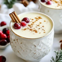 - 4 cups whole milk - 1 cup heavy cream - 3/4 cup granulated sugar - 4 large eggs - 1 teaspoon vanilla extract - 1/2 teaspoon ground nutmeg - 1 cup cranberry juice - Fresh cranberries and cinnamon sticks for garnish You can swap whole milk for almond or oat milk. This makes it dairy-free. If you want less sugar, use a sugar substitute. For a thicker drink, try using more heavy cream. You can use egg replacers if you avoid eggs. This keeps the drink vegan. Each serving has about 250 calories. It has 12 grams of fat, mainly from the cream and milk. The drink also has 30 grams of sugar. If you use substitutes, the numbers may change. This drink is rich but perfect for a special treat. {{ingredient_image_1}} Making Cozy Cranberry Eggnog is a fun process. It takes about 20 minutes to prep. You must chill it for at least 2 hours. This drink serves 6 to 8 people. Gather all your ingredients first. This makes the steps easier. 1. Whisk eggs and sugar: In a mixing bowl, combine 4 large eggs and 3/4 cup granulated sugar. Whisk them together until the mix becomes pale and creamy. This step is important for sweetness. 2. Heat milk and cream: In a saucepan, mix 4 cups whole milk and 1 cup heavy cream. Add 1/2 teaspoon ground nutmeg to the mix. Heat this over medium heat. Watch it closely until it steams but does not boil. 3. Combine mixtures: Gradually pour the warm milk mix into the egg mix. Whisk constantly. This step helps to temper the eggs and avoid curdling. 4. Cook the eggnog: Pour the mix back into the saucepan. Cook it over low heat. Stir gently until it thickens. This should take about 5 to 7 minutes. Do not let it boil. 5. Add flavors: Remove the saucepan from the heat. Stir in 1 teaspoon vanilla extract and 1 cup cranberry juice. Mix until everything is well combined. 6. Chill the eggnog: Let the eggnog cool to room temperature. Then, put it in the fridge for at least 2 hours. This chilling step makes the drink more refreshing. 7. Serve with style: Before serving, give the eggnog a good stir. Pour it into glasses. Garnish with fresh cranberries and a cinnamon stick. This adds a festive touch. - Don’t rush the heating: Always heat the milk and cream gently. Too much heat can cause it to boil. - Whisk well: When mixing the warm milk with the eggs, whisk constantly. This avoids lumps and curdling. - Check thickness: The eggnog should coat the back of a spoon when it’s done. If it’s too thin, continue cooking gently. - Chill properly: Ensure it cools completely before serving. This enhances the flavor and enjoyment. To make your Cozy Cranberry Eggnog even more inviting, focus on temperature. Serve it warm for a comforting touch. Heat it gently in a saucepan before serving. You can also add a splash of bourbon or rum for warmth. This makes it perfect for chilly nights. When serving eggnog, presentation matters. Use clear glasses to show off its creamy texture. Chill your glasses in the fridge first. This keeps your drink cold longer. Always stir the eggnog before pouring to mix the flavors well. Serve it right away for the best taste. Garnishes elevate your eggnog. Use fresh cranberries for color and a pop of flavor. A cinnamon stick adds a nice touch and a bit of spice. You can also sprinkle a little nutmeg on top for an extra aromatic kick. Get creative with your garnishes to impress your guests. Pro Tips Use Fresh Ingredients: Fresh cranberries and high-quality vanilla extract will elevate the flavor of your eggnog significantly. Temperature Control: When combining the egg and sugar mixture with the warm milk, make sure to whisk continuously to avoid cooking the eggs too quickly. Chill Thoroughly: Allow the eggnog to chill for at least 2 hours to enhance its flavors and achieve the perfect creamy consistency. Garnish Creatively: Experiment with different garnishes like grated nutmeg or a sprinkle of cinnamon for added flavor and visual appeal. {{image_2}} You can enjoy Cozy Cranberry Eggnog with or without alcohol. For a fun twist, add rum, bourbon, or brandy. Start with 1/2 cup of alcohol for a nice kick. Mix it in after you combine the cranberry juice. If you prefer a non-alcoholic version, skip the spirits. You still get a rich flavor and warmth from the milk and spices. Everyone can sip and enjoy without worry. You can easily change the flavor of this eggnog. Try adding spices like cinnamon or ginger. A pinch of cloves can bring warmth and depth. You can also swap in other extracts. Almond or orange extract can give a fresh twist. Experiment with different juice blends too. Adding orange juice with cranberry can brighten the drink. The key is to find what you love. If you want a dairy-free version, there are great swaps. Use almond milk or coconut milk instead of whole milk. For cream, try coconut cream or cashew cream. These options keep the drink rich and creamy. Ensure to check labels for added sugars. You can still enjoy the same cozy feel without dairy. This way, everyone can join in the fun! To keep your cozy cranberry eggnog fresh, store it in the fridge. Pour any leftover eggnog into a container with a tight lid. This helps keep out air and light, which can spoil the taste. Never leave it out at room temperature for long. Glass jars or plastic containers work well for storage. I like using glass jars because they do not absorb flavors. Make sure to choose a container that seals well. This keeps your eggnog creamy and delicious. Your eggnog stays fresh for about three to four days in the fridge. After that, it may lose its taste and texture. If you notice any changes in smell or look, it's best to throw it away. Enjoy your eggnog while it's still yummy! Yes, you can make Cozy Cranberry Eggnog ahead of time. It tastes even better after chilling. Prepare it a day before your event. Just cool it in the fridge for at least two hours. This way, the flavors blend well together. Remember to stir it well before serving. If you can't find fresh cranberries, don't worry! Use pomegranate seeds or dried cranberries. Both options add color and flavor. You can also use a sprinkle of ground nutmeg or cinnamon on top. These alternatives still make your drink look festive. Raw eggs in eggnog can be safe if you use fresh, high-quality eggs. However, if you have concerns, you can use pasteurized eggs. Pasteurized eggs are heated to kill bacteria but remain raw. This way, you enjoy the creamy texture without the risk. Always make sure to store your eggnog properly in the fridge. Cozy Cranberry Eggnog is a fun drink to make. You learned about its tasty ingredients, helpful tips, and how to store it. I shared both alcoholic and non-alcoholic options, along with ways to personalize your drink. My advice will help you enjoy this festive treat safely. Remember, eggnog can bring warmth to any gathering. Now get creative with flavors and enjoy your cozy drink this season!