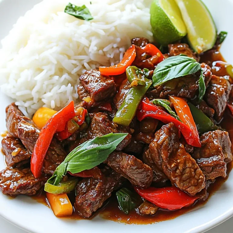 - 1 lb (450g) beef sirloin - 2 tablespoons vegetable oil - 4 cloves garlic, minced - 2-3 Thai red chilies, sliced (adjust for spice level) - 1 red bell pepper, thinly sliced - 1 cup fresh Thai basil leaves - 2 tablespoons soy sauce - 1 tablespoon fish sauce - 1 tablespoon sugar - 1 tablespoon oyster sauce - Cooked jasmine rice (for serving) - Lime wedges (for garnish) To make Spicy Thai Basil Beef, you need fresh and tasty ingredients. Start with beef sirloin. This cut is tender and cooks fast. Next, grab some vegetable oil to fry everything up. Garlic adds a nice flavor, while Thai red chilies bring the heat. You can adjust the number of chilies based on how spicy you want it. Red bell pepper adds color and sweetness. Fresh Thai basil leaves give the dish a unique taste. For the sauces, you will use soy sauce, fish sauce, sugar, and oyster sauce. These combine to make a rich sauce that coats the beef and veggies perfectly. Don't forget the jasmine rice to serve! This rice is fluffy and pairs well with the stir-fry. Finally, lime wedges add a fresh zing when you squeeze them over the dish. Each ingredient plays an important role. Together, they create a vibrant and flavorful meal that will impress anyone! {{ingredient_image_1}} - Sauté garlic and chilies: Heat 2 tablespoons of vegetable oil in a large skillet over medium-high heat. Add 4 minced cloves of garlic and 2-3 sliced Thai red chilies. Cook for about 30 seconds. The garlic should smell nice but not burn. - Stir-fry beef: Raise the heat to high. Add 1 pound of thinly sliced beef sirloin. Stir-fry for about 3-4 minutes. Look for the beef to brown and cook fully. - Add peppers and sauces: Toss in 1 thinly sliced red bell pepper. Cook for another 2 minutes until it softens a bit. In a small bowl, mix 2 tablespoons of soy sauce, 1 tablespoon of fish sauce, 1 tablespoon of sugar, and 1 tablespoon of oyster sauce. Pour the sauce over the beef and peppers. Stir well to coat everything. - Incorporate basil: Take the skillet off the heat. Fold in 1 cup of fresh Thai basil leaves. Let them wilt slightly before serving. - Ideal heat settings: Start with medium-high heat to sauté. Then switch to high heat for stir-frying. This helps cook the beef fast and keeps it tender. - Cooking times for beef: Cook the beef for 3-4 minutes until it is browned. This timing ensures it is juicy and not overcooked. - Best ways to serve with rice: Serve the spicy basil beef hot over cooked jasmine rice. The rice soaks up all the flavors. - Garnishing for presentation: Add lime wedges to the plate. A squeeze of lime adds a fresh taste and brightens the dish. To get your spice level just right, start with the Thai red chilies. You can adjust the amount based on your taste. If you want less heat, remove the seeds from the chilies. For more spice, add a few extra chilies. You can also try using chili paste or sriracha for a different kick. Both add great flavor without too much fuss. To make your dish more flavorful, consider adding seasonings like black pepper or fresh lime juice. These will brighten your stir-fry. Adding textures with vegetables is also key. Try including snap peas or carrots for crunch. These veggies not only taste great but also make your dish look more vibrant. When cooking, the right tools make a big difference. A good skillet or a wok is best for this dish. Woks heat evenly and allow for quick cooking. For slicing beef, a sharp knife is a must. Aim for thin slices, which will cook faster and absorb more flavors. Practice your knife skills to make this easier. Pro Tips Choose the Right Cut: For the best texture and flavor, use beef sirloin or flank steak, which are tender and absorb the flavors well. Adjusting Spice Levels: If you prefer a milder dish, remove the seeds from the Thai red chilies or reduce the number of chilies used. Fresh Basil is Key: Always use fresh Thai basil for the best aromatic flavor, as dried basil will not give the same results. Serving Suggestions: Serve with lime wedges to add a zesty punch and balance the spiciness of the dish. {{image_2}} To make this dish vegetarian, you can use tofu or tempeh. Both options soak up flavors well. Firm tofu works best. Press it to remove excess water before cooking. Cut it into cubes and sauté it like the beef. Tempeh adds a nutty taste. Slice it thin and cook it until golden. For sauces, you may want to use soy sauce or mushroom sauce instead of fish sauce. You can easily adjust the spice level to suit your taste. For mild, use one chili or none at all. Instead, add a dash of sweet chili sauce. For medium heat, two chilies work well. If you love spice, use three or more. You can also add chili flakes for extra heat. Taste as you go to find your perfect balance. Besides beef, you can try chicken, pork, or seafood. For chicken, use thinly sliced breast or thigh. Cook it just like the beef. Pork tenderloin is another great choice. Slice it thin and stir-fry until cooked. For seafood, shrimp or fish fillets are tasty options. Just make sure not to overcook them. Each protein option brings a unique flavor to the dish. To keep your spicy Thai basil beef fresh, follow these steps: - Refrigeration tips: Store leftovers in an airtight container. Place in the fridge within two hours of cooking. This keeps the beef safe and tasty for later. - Freezing instructions: For longer storage, freeze the beef. Use a freezer-safe container or bag. It can last up to three months without losing flavor. To enjoy your leftovers, reheat them properly: - Best practices for reheating leftovers: Use a skillet over medium heat. Add a splash of water or broth to prevent drying. Stir occasionally until warmed through. You can also microwave it in short bursts, stirring in between. How long can you store spicy Thai basil beef? - In the fridge, it lasts for about 3 to 4 days. If frozen, it can last up to 3 months. Always check for any signs of spoilage before eating. If you can't find Thai basil, you can use regular basil. Sweet basil is a good choice. If you want a stronger flavor, try using mint or cilantro. These herbs can give you a different taste but still work well in the dish. Yes, you can make Spicy Thai Basil Beef gluten-free. Just swap regular soy sauce for gluten-free soy sauce. Check the labels on fish sauce and oyster sauce to ensure they are gluten-free. This way, you can enjoy the dish without any gluten. To dial down the spice, you can use fewer Thai red chilies. Remove the seeds from the chilies for less heat. You can also add more sugar or bell pepper. This will balance the flavors and keep it tasty without the heat. Spicy Thai Basil Beef tastes great with jasmine rice. The rice helps soak up the sauce. You can also serve it with a side of steamed veggies or a simple salad. This adds freshness and crunch to your meal. In this blog post, we covered how to make a tasty Spicy Thai Basil Beef dish. We went through the key ingredients and step-by-step instructions. Cooking tips, serving ideas, and variations provided options for everyone. Proper storage and reheating advice ensured your leftovers stay fresh. Experiment with flavors and spice levels to suit your taste. Try substituting proteins or adjusting the spices. Enjoy your delicious meal and impress your friends with your new skills!